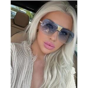 Blue Rimless Oversized Square Unisex Gold Metal Bar Trending Fashion Sunglasses